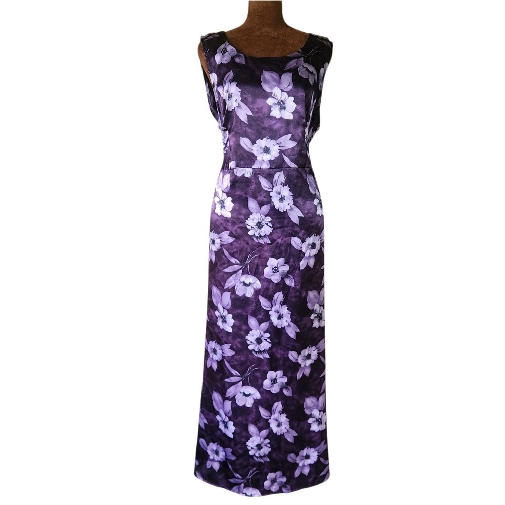 Vintage DBY 90s Satin Dress Size 16W Purple Floral Midi Tie Back Waist
